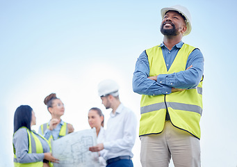 Image showing Proud engineering man or manager outdoor planning, thinking of construction job and project management. Engineering blueprint, floor plan and leadership of architecture contractor on blue sky mockup