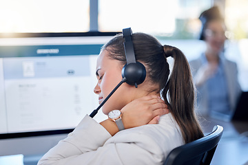 Image showing Stress, neck pain or woman in call center with burnout, fatigue or bad ache at customer services. Posture problem, muscle tension injury or tired sales consultant in telemarketing or communications