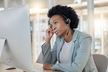 Image showing Telemarketing, business and black woman with stress, headache and agent with mental health issue. Female employee, consultant and worker with migraine, tired and depression in workplace and burnout