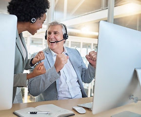 Image showing Winner, call center and business people success, fist pump and celebration of telecom sales, profit or job training goals. Professional consultant, agent or winning employee yes for bonus on computer