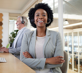 Image showing Customer support, smile and portrait of confident black woman at computer with headset at help desk. Call center consultant at online crm office, leader at advisory agency with diversity and success.