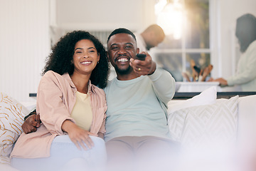 Image showing Black couple on couch, watching television and remote with smile, quality time and bonding together. Love, African American man and happy woman on sofa, tv for movie and happiness to relax in lounge