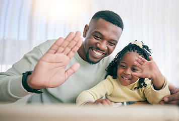 Image showing Video call, black family and online education with father support for child development, e learning and welcome to webinar. Hello, wave and happy dad or man with kid for elearning platform discussion