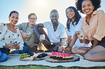 Image showing Wine, fruit or friends at picnic to relax or bond on summer holiday vacation at countryside on grass field. Portrait, trust or happy people eating fruits with drinks to celebrate a reunion in nature