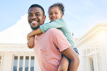 Image showing Portrait, piggy back and black father with girl, happiness and quality time outdoor, fun and playful. Face, family or African American dad carry daughter, smile or bonding together, loving or outside