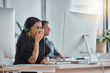 Image showing Crm, yawn and business woman in a call center office on a web help consultation. Telemarketing, customer support and employee feeling tired, fatigue and burnout from consultant job and networking