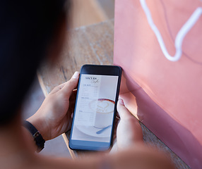 Image showing Website, reading and the phone screen of a woman with a menu, food decision or coffee choice. Online, lunch and a girl with a mobile app of a restaurant for hunger, snack or a meal at a cafe