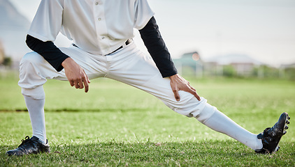 Image showing Baseball stadium, stretching legs or athlete on field ready for training match on grass in summer. Body of man, fitness workout or zoom of sports player warm up to start softball exercise outdoors