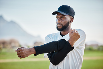 Image showing Baseball stadium, stretching or black man on field ready or thinking of training match on a pitch in summer. Workout exercise, fitness mindset or sports player in warm up to start playing softball