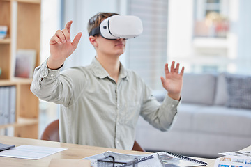 Image showing Vr, virtual reality and business man in office exploring metaverse with digital technology. 3d, cyber ai and male employee with futuristic headset for gaming, internet browsing or fantasy simulation.