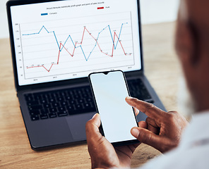 Image showing Chart, laptop screen and phone, mockup and data analysis, black man and hands with sales information. Analyst, finance and financial growth monitor, ux and app with technology, dashboard and stats