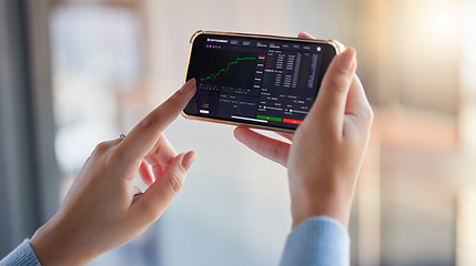 Image showing Stock market, finance chart and phone in hands of woman for crypto, trading analysis and bitcoin screen. Fintech growth, ecommerce and girl on smartphone for financial statistics, profit and invest