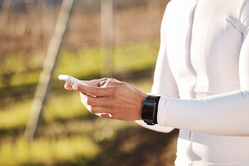 Image showing Fitness app and nature, hands of man and phone at in countryside looking at gps direction or map information online. Mobile, location service and smartphone, person on internet search with smartwatch