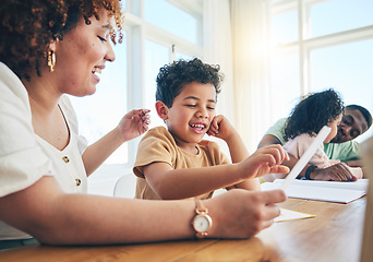 Image showing Education, mother or boy child reading or learning for kindergarten with homework or school project at home. Family, smile or happy mom working or helping a creative kid student with development