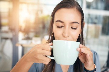 Image showing Coffee drink, cup and face of woman drinking hot chocolate, tea or morning beverage for hydration, wellness or to relax. Caffeine, female business manager or corporate office person with espresso mug