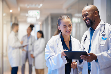 Image showing Doctors teamwork on tablet for hospital research management, employees workflow or software clinic solution. Healthcare people on digital tech for medical team analysis, results or problem solving