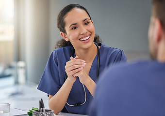 Image showing Nurse, happy woman and meeting healthcare team for hospital management, medicine and leadership discussion. Female doctor, smile and talking to employees in collaboration, clinic and surgery planning