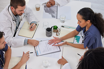 Image showing Above discussion of medical teamwork, meeting or paperwork report of test results at table. Diversity, hospital doctors and healthcare documents of research, surgery analysis or planning clinic notes