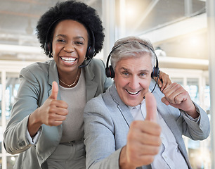 Image showing Customer service, thumbs up and diversity, portrait of team happy in office with smile and agreement. Contact us, black woman and man at help desk with support at advisory agency for crm call center.