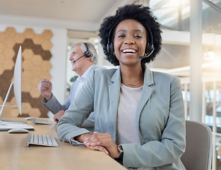 Image showing Call center, smile and portrait of confident black woman at computer with headset at help desk. Customer service consultant at online crm office, leader at advisory agency with diversity and success.