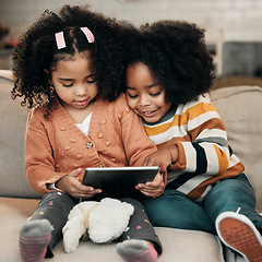 Image showing Happy children on sofa with tablet for online education, fun games and watch internet cartoon or video together. Biracial family kids on couch with digital technology, app or web for movie streaming