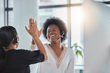 Image showing Employees, customer service and woman in office, high five and celebration for target, success and motivation. Female consultants, agents and friends with gesture for achievement, goal and support