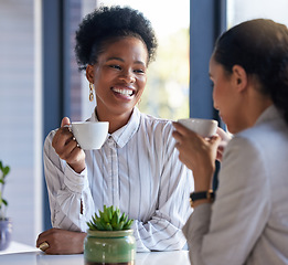 Image showing Coffee shop, meeting and black woman in conversation, b2b networking and business discussion or collaboration. Professional people teamwork with tea or drink in restaurant, cafe or remote workspace