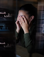 Image showing Frustrated, hologram and woman with stress at night in office for coding, programming and online glitch. Digital screen overlay, 404 problem and tired, exhausted and upset female with computer error
