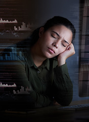 Image showing Sleeping, hologram and woman with stress at night for coding, programming and information technology. Digital screen overlay, network and tired, exhausted and girl with headache on computer in office