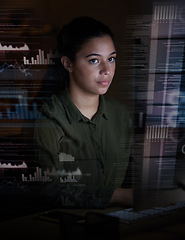 Image showing Graphs, digital hologram and woman on computer in office for finance analytics, fintech and online data at night. Technology overlay, futuristic screen and female for research, network and analysis