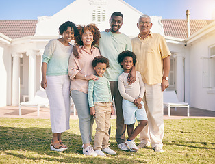 Image showing Property, real estate and portrait against family house, happy and excited for new home or relocation. Face, smile and children with parents and grandparents together for moving, dream and relocating