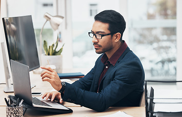 Image showing Laptop, administration and business man focus on finance spreadsheet, bank software or financial accounting. Bookkeeping account data, office gesture and consultant problem solving payroll system