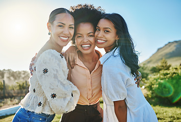 Image showing Portrait, travel or friends in nature with a happy smile on fun girls trip on summer holidays vacation together. Support, relaxing or young women hugging or enjoying bonding in countryside on weekend