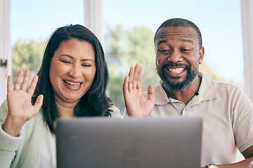 Image showing Mature couple on video call for home networking, international conversation and talking to people online. Virtual communication, wave hello and happy biracial woman with her partner on laptop