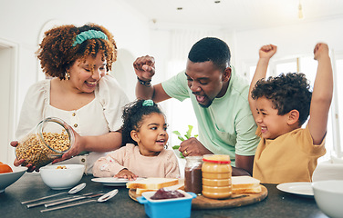 Image showing Love, breakfast food and happy black family children, mother and father eating meal, bonding and prepare ingredients. Morning, kitchen counter or hungry mom, dad and young youth kids excited at home