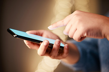 Image showing Hands, phone screen and typing in night office, texting or social media in workplace. Mockup, greenscreen and business woman with mobile smartphone for networking, web scrolling or internet browsing