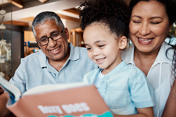 Image showing Children book, reading and grandparent helping kids with learning and education on sofa. House, living room and black family on a lounge couch with happiness and books together with love and support