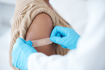 Image showing Doctor, vaccine and woman with plaster on arm for healthcare, wellness services and medicine. Immunity injection, bandage and medical healing in hospital, surgery and clinic consulting of vaccination