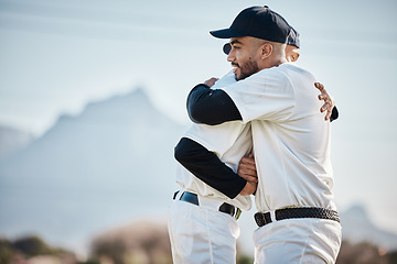 Image showing Teamwork, sports hug or baseball player in training, exercise or workout in practice match together on field. Softball, men or people hugging in competitive game with fitness or solidarity or support