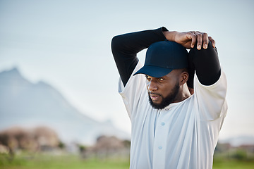 Image showing Baseball field, thinking or black man stretching arm in training ready for match on pitch or field in summer. Workout exercise, fitness mindset or sports player in warm up to start playing softball