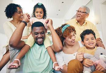 Image showing Black family, house and living room sofa of a mother, father and children with happiness. Happy, smile and bonding of a mom, dad and young kids together having fun with grandparents love and support