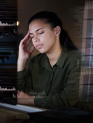 Image showing Overlay, data and stress by woman in futuristic office suffering from burnout, depressed and overworked. Dark, evening and corporate professional person frustrated, overtime and sick with a headache