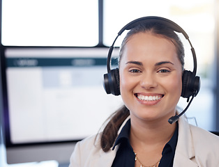 Image showing Contact us, call center or portrait of happy woman in telecom communications company in help desk. Smile, crm or face of friendly insurance sales agent working in technical or customer support