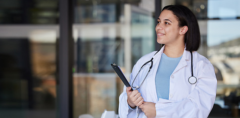 Image showing Thinking, woman and happy doctor with clipboard for patient data, medical results and prescription. Healthcare mockup, hospital and female nurse smile with copy space for wellness, insurance and help