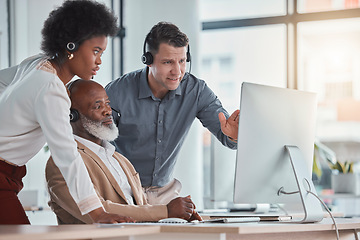 Image showing Telemarketing, team and employees talking, advice and customer service with group, new process and system. Staff, agents or consultants in workplace, discussion or corporate training for tech support