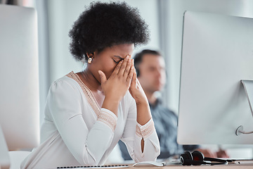 Image showing Headache, eye strain and call center with black woman in office for stress, depression and mental health. Contact us, consulting and customer support with employee suffering with migraine and fatigue