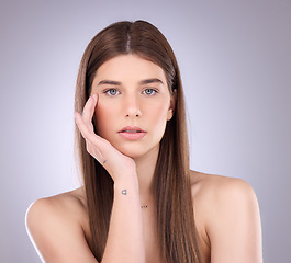 Image showing Beauty, face portrait and hair care of a woman in studio isolated on a background. Natural cosmetics, growth and female model with salon treatment for healthy keratin texture, balayage and hairstyle.