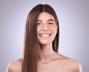 Image showing Beauty, face portrait and hair care of woman in studio isolated on a gray background. Natural cosmetics, smile and happy female model with salon treatment for healthy keratin, balayage and hairstyle.