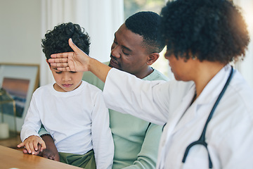 Image showing Pediatrician, woman doctor and sick child with father in a hospital and clinic checking fever. Illness, kid and dad supporting a boy feeling virus and flu with a healthcare and wellness worker