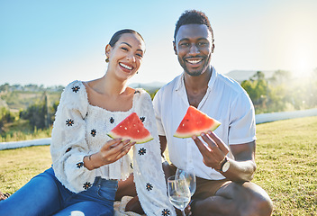 Image showing Couple, black people and picnic portrait with watermelon, champagne or nature for bonding, love or romance. Young happy couple, black woman and man with fruit, summer sunshine or happy in countryside